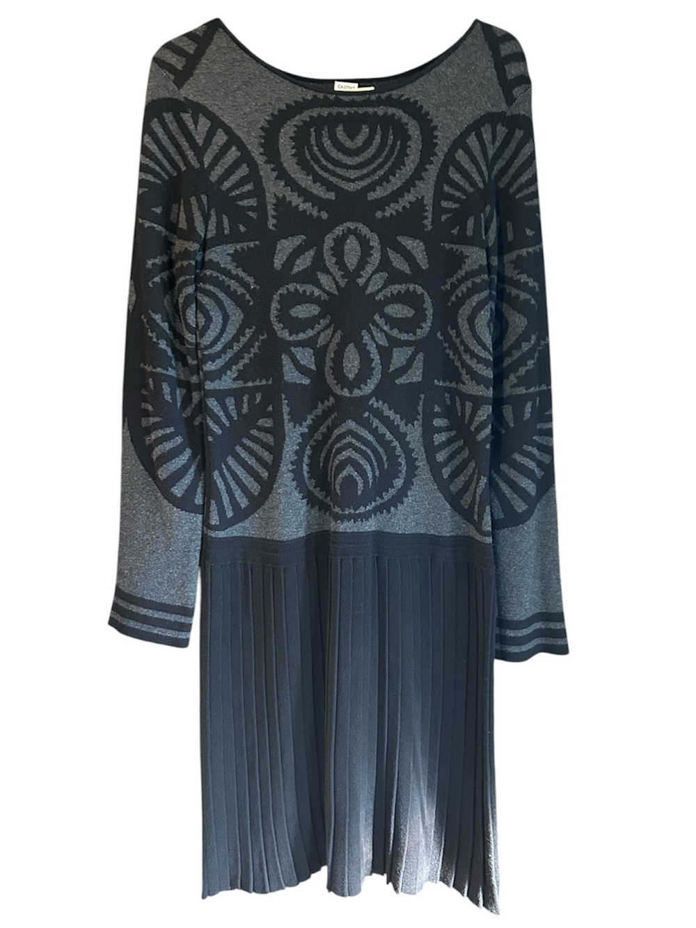 Max Studio Gray Patterned Knit Long Sleeve Pleated Hem Dress